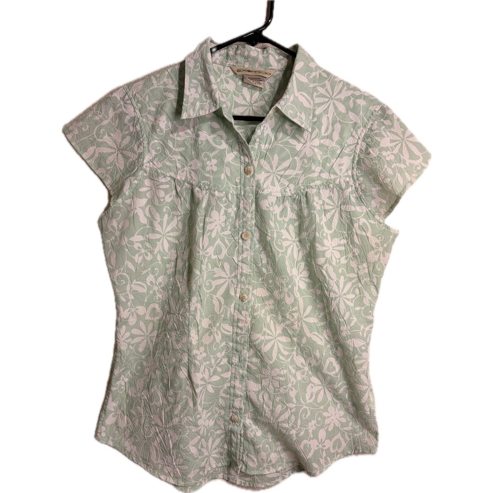 ExOfficio Womens Mint Green Floral Crinkle Short Sleeve Button Down Shirt M